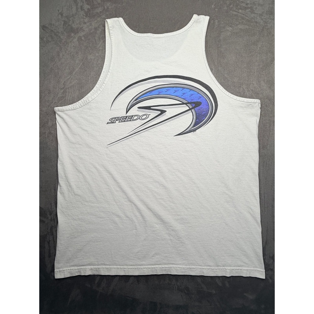 Vtg Speedo Tank Top Mens XL White Graphic Logo Sporty Cotton Swim Volleyball 90s
